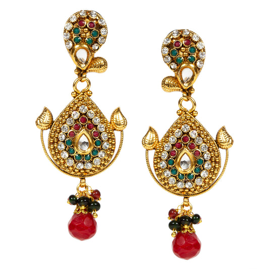 bindhani gold plated red drop red green beads red green white kundan stone dangle earrings for women and girls