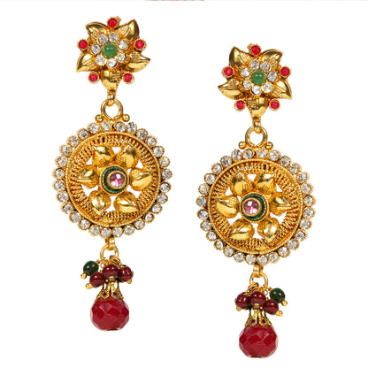 bindhani gold plated red drop red green beads red green white kundan stone dangle earrings for women and girls