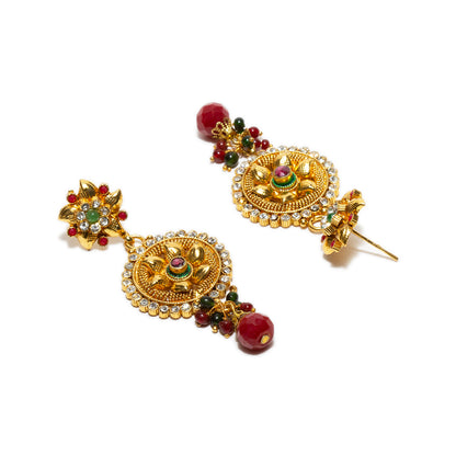 bindhani gold plated red drop red green beads red green white kundan stone dangle earrings for women and girls