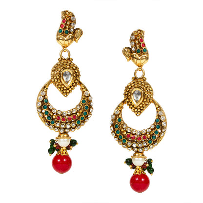 bindhani gold plated red drop red green beads red green white kundan stone dangle earrings for women and girls