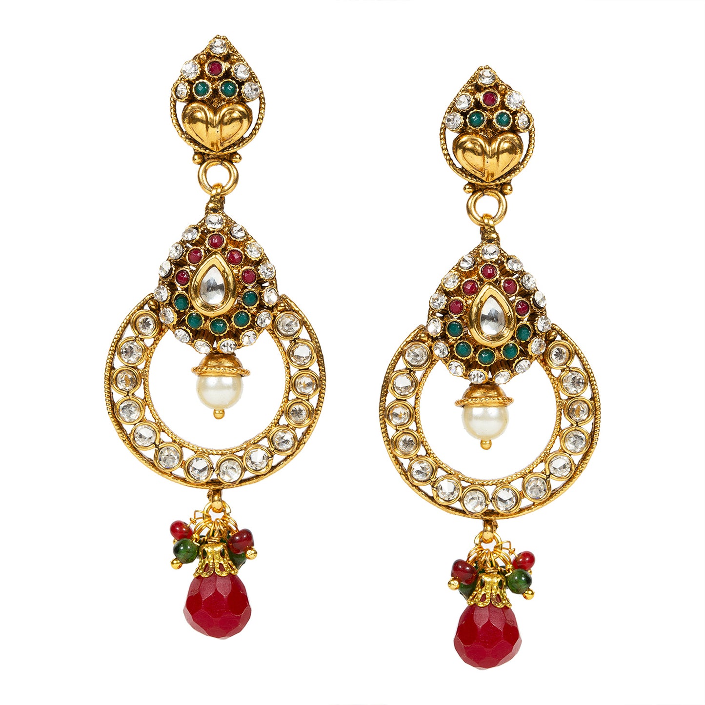 bindhani gold plated red drop red green beads red green white stone kundan dangle earrings for women girls