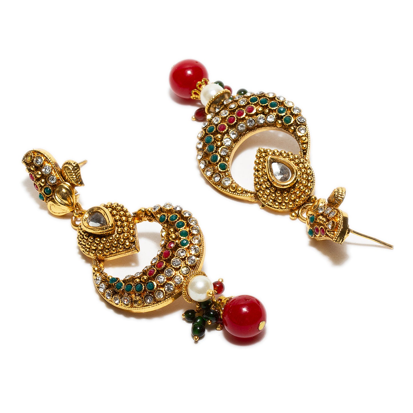 bindhani gold plated red drop red green beads red green white kundan stone dangle earrings for women and girls