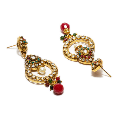 bindhani gold plated red drop red green beads red green white stone kundan dangle earrings for women girls