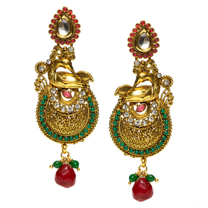 bindhani gold plated red drop red green white stone white kundan earrings for women and girls