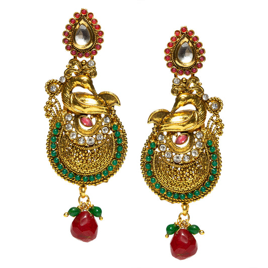 bindhani gold plated red drop red green white stone white kundan earrings for women and girls