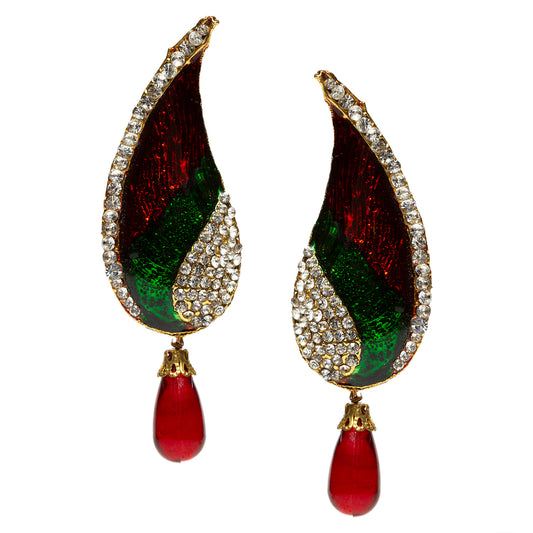 bindhani gold plated red drop white stone enamel red green work earrings for women and girls