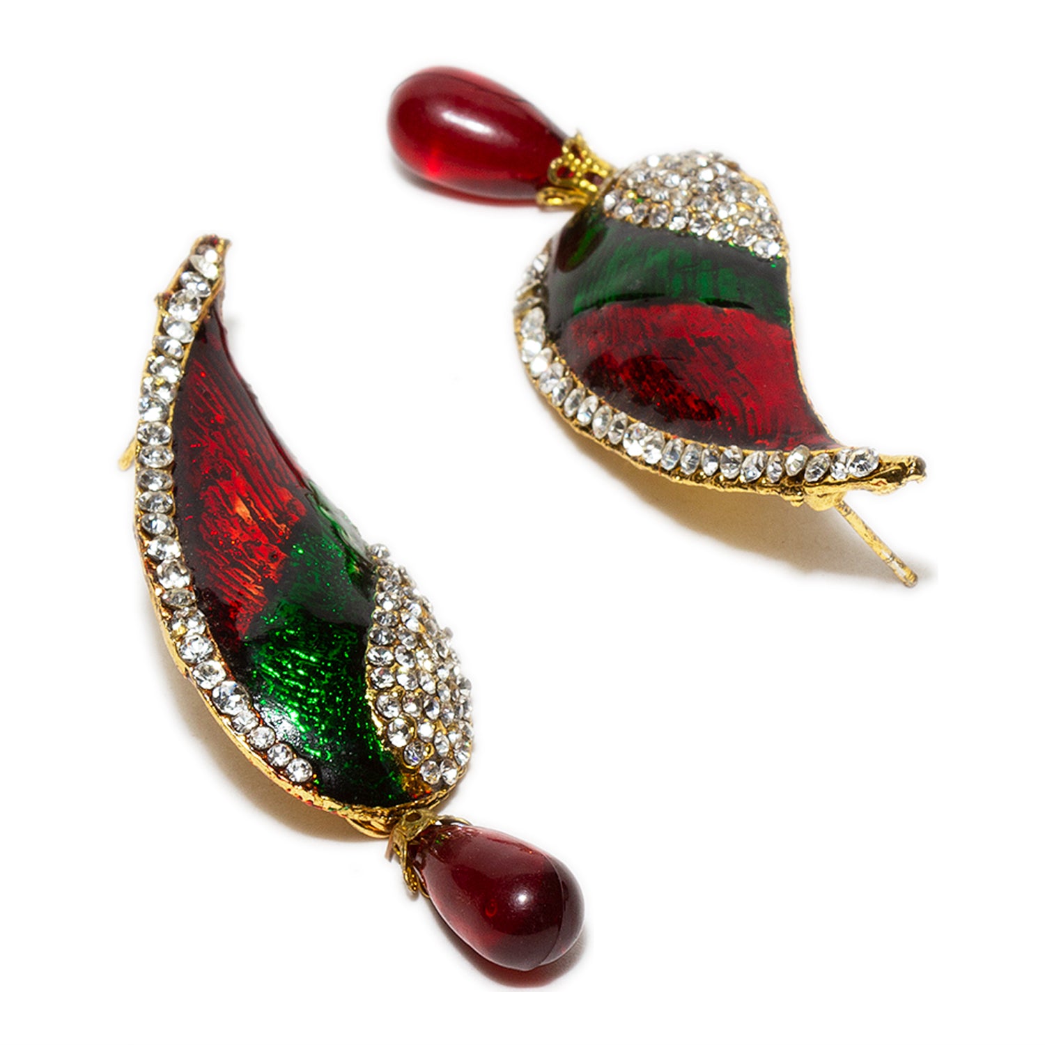 bindhani gold plated red drop white stone enamel red green work earrings for women and girls