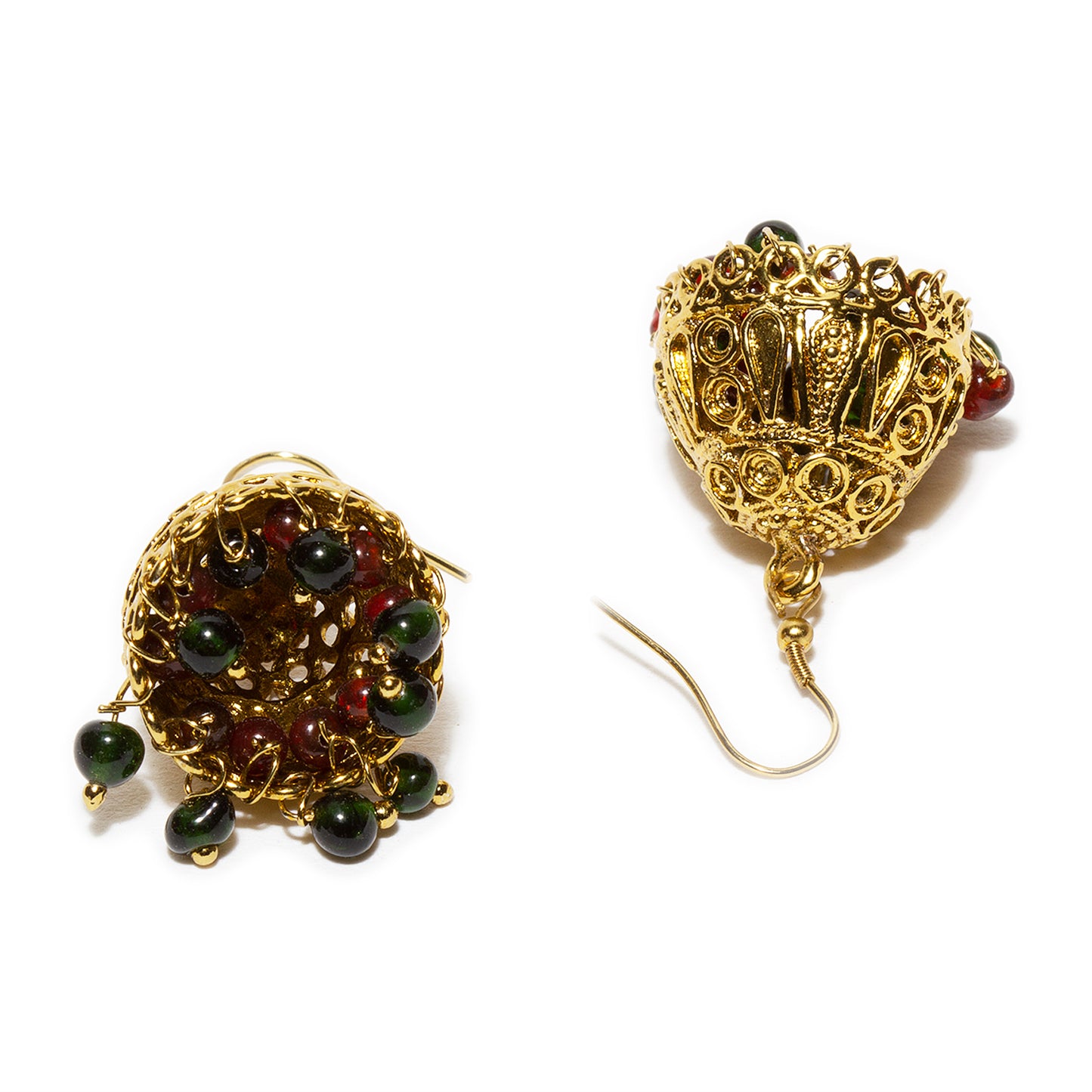 bindhani gold plated red green beads metal jhumki jhumka earrings for women and teenage girls