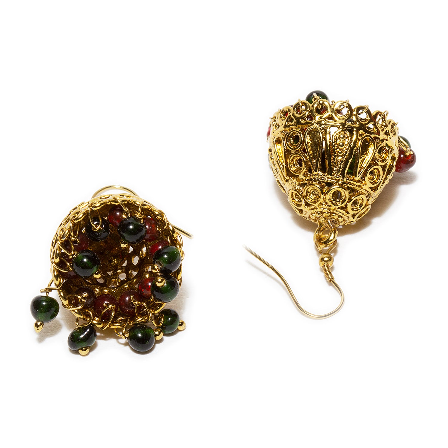 bindhani gold plated red green beads metal jhumki jhumka earrings for women and teenage girls