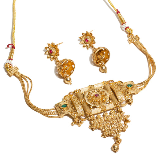 Front view Bindhani gold plated maroon green stone South Indian choker necklace set with matching jhumka earrings, traditional temple jewelry design