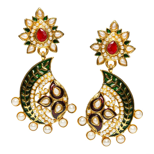 bindhani gold plated red green enamel white pearl earrings for women and girls