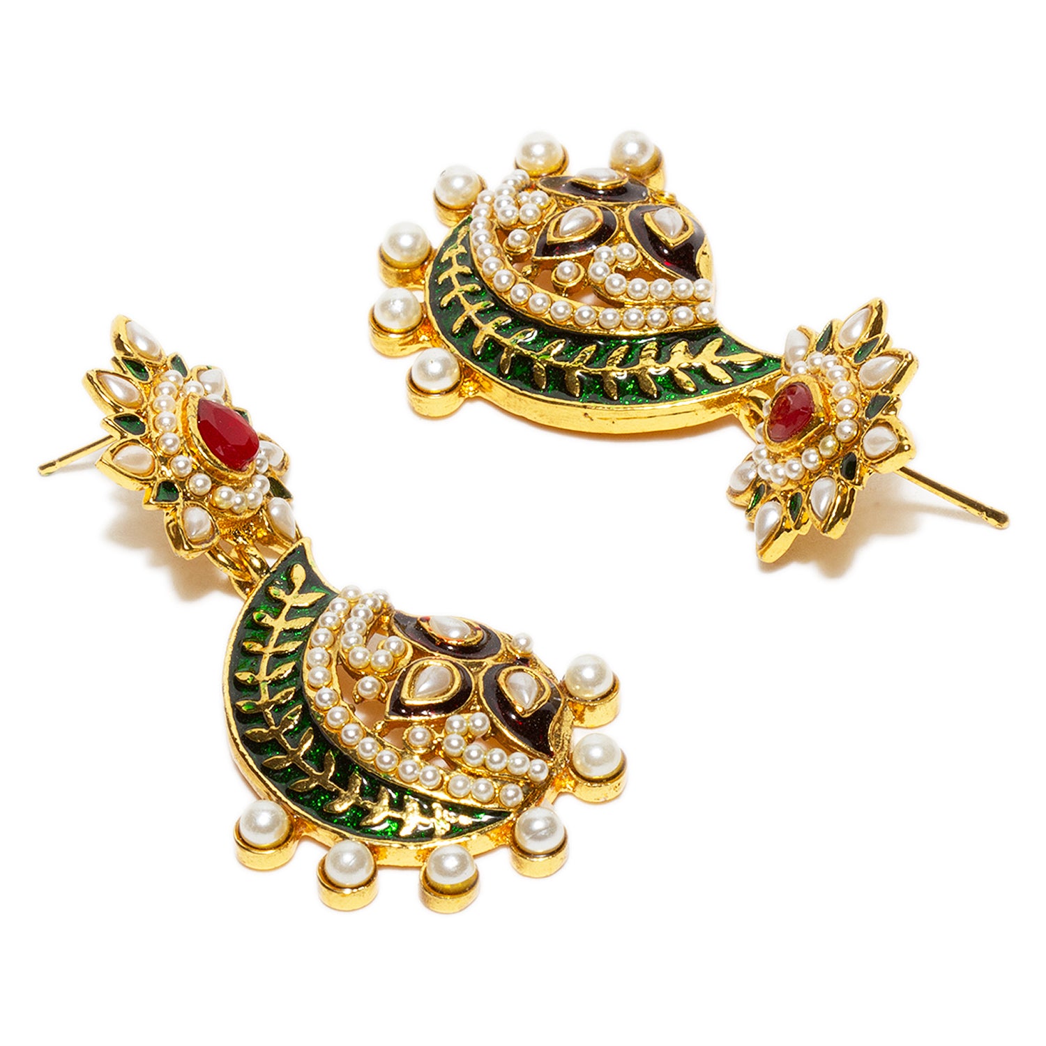 bindhani gold plated red green enamel white pearl earrings for women and girls