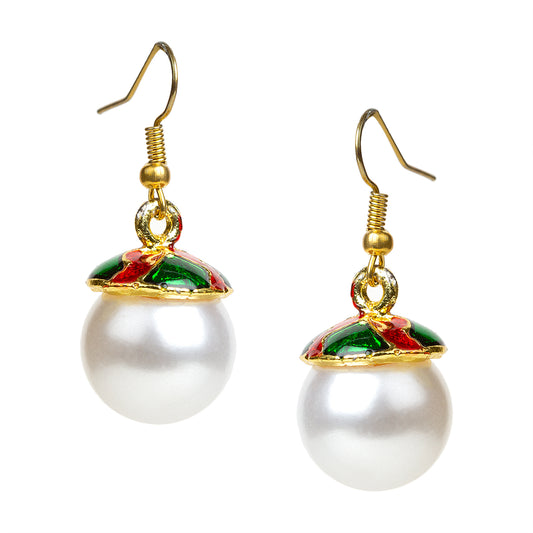 bindhani gold plated red green meenakari white pearl drop earrings for women