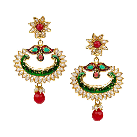 bindhani gold plated red green meenakari work red pearl drop earrings for women girls