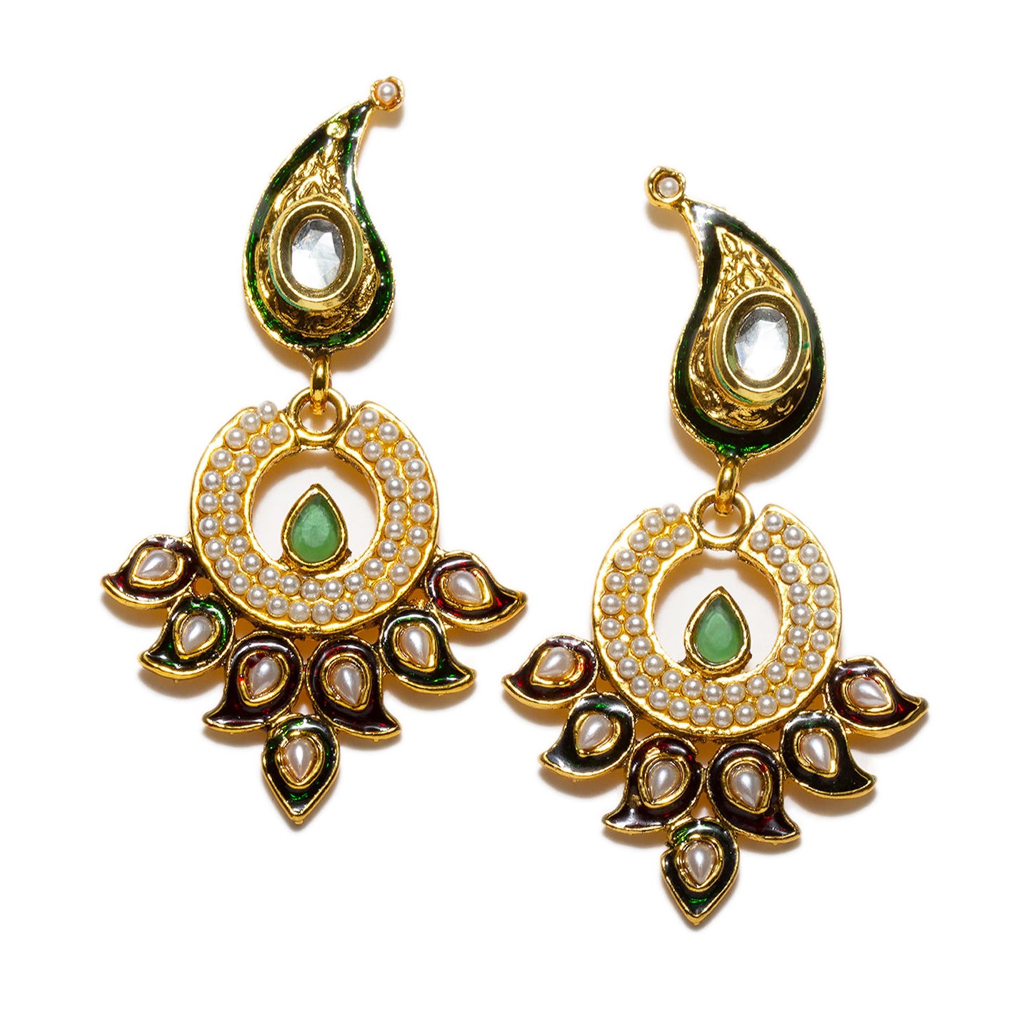 bindhani gold plated red green meenakari work white pearl kundan earrings for women girls