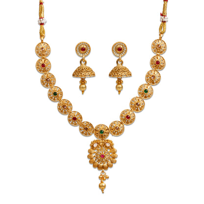 bindhani gold plated red green necklace jhumka earrings set for women