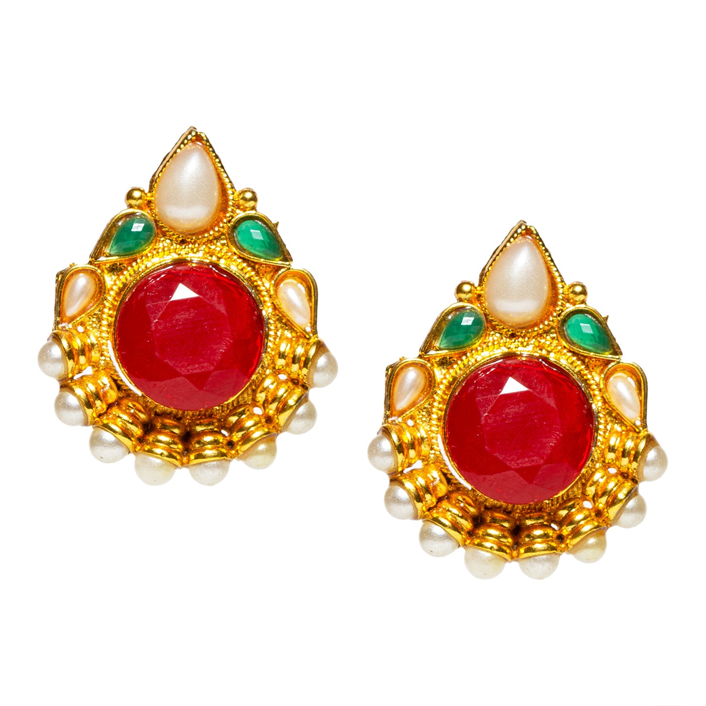 bindhani gold plated red green pearl small stud for women and girls