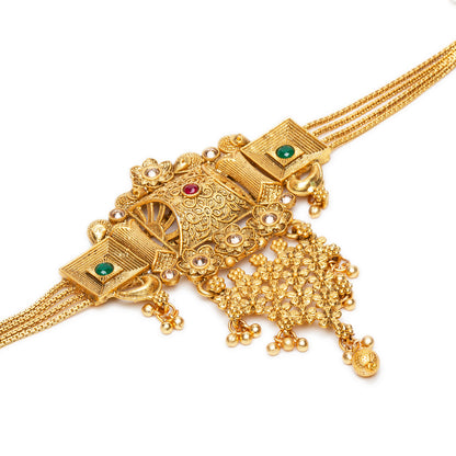 bindhani gold plated red green south india choker necklace details for women and girls