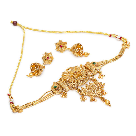 bindhani gold plated red green south india choker necklace jhumka set for women girls