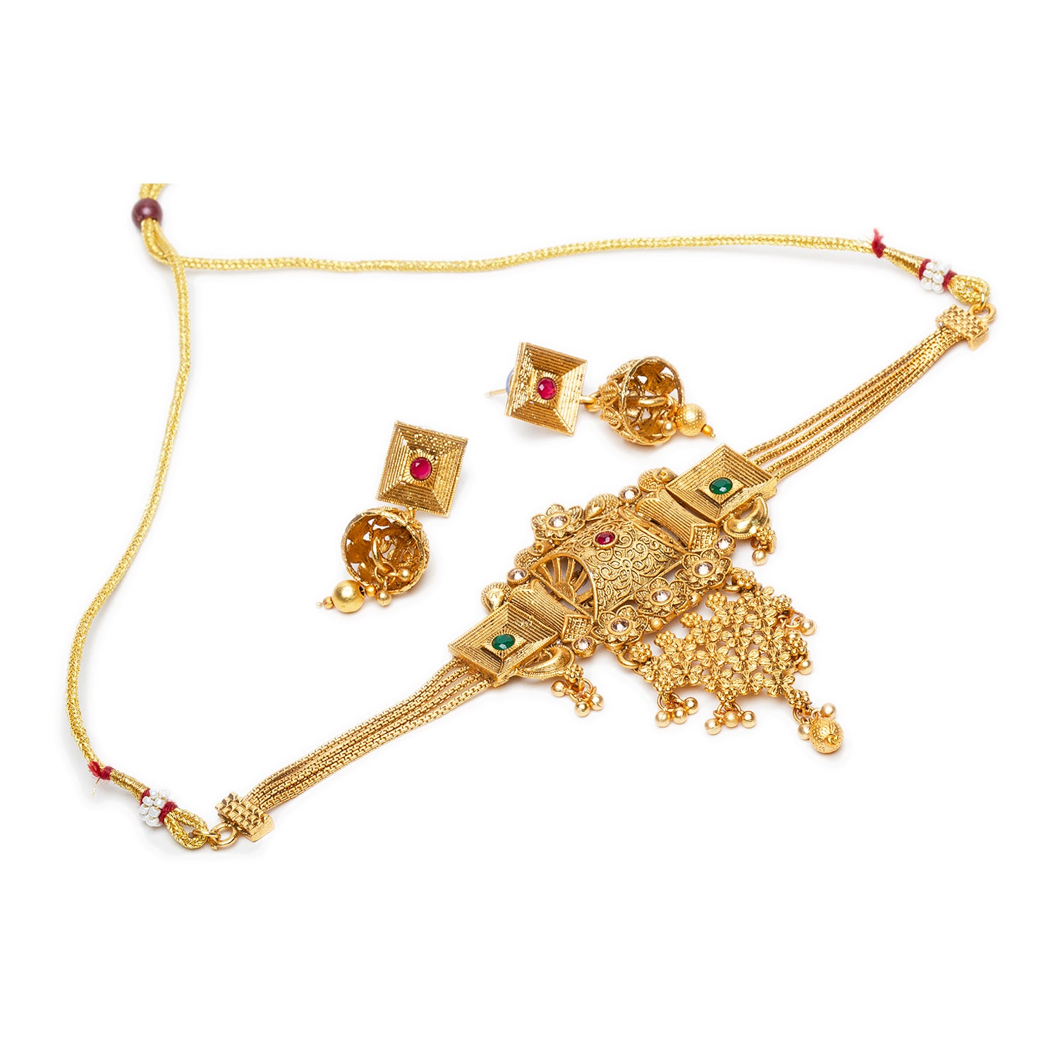 bindhani gold plated red green south india choker necklace jhumka earrings set for women