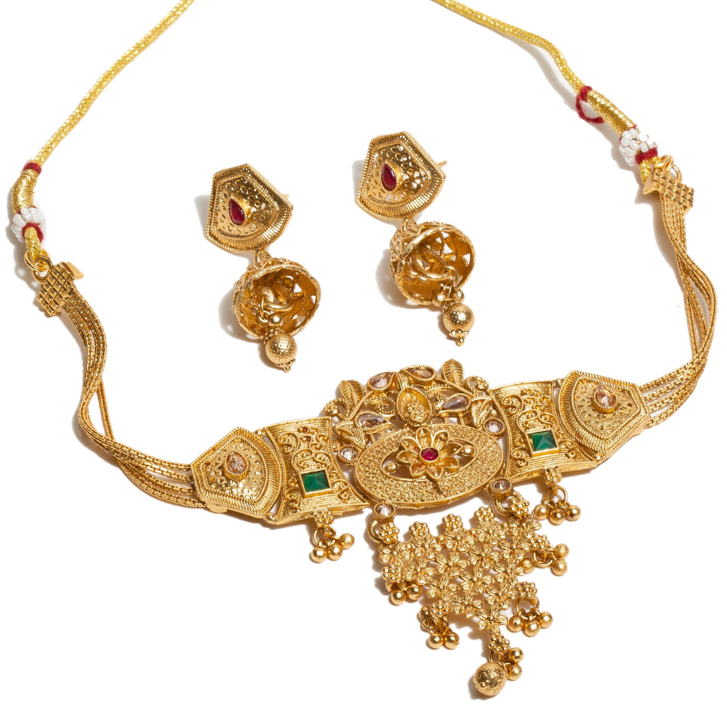 bindhani-gold-plated-red-green-south-india-choker-necklace-jhumka-set-for-women-girls