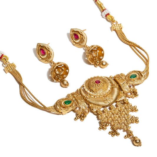 bindhani-gold-plated-red-green-south-india-choker-necklace-set-jhumka-earrings-for-women-and-girls
