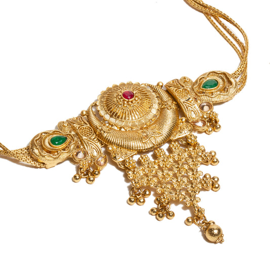 bindhani-gold-plated-red-green-south-india-choker-necklace-set-jhumka-earrings-for-women