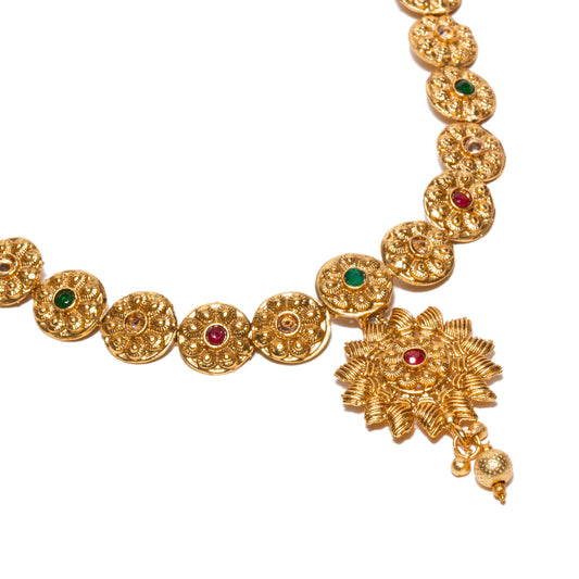 bindhani-gold-plated-red-green-south-indian-style-necklace-centre-jhumka-earrings-set-for-women