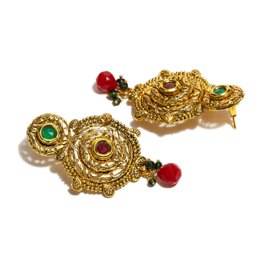 bindhani gold plated red green stone red pearl drop earrings for women