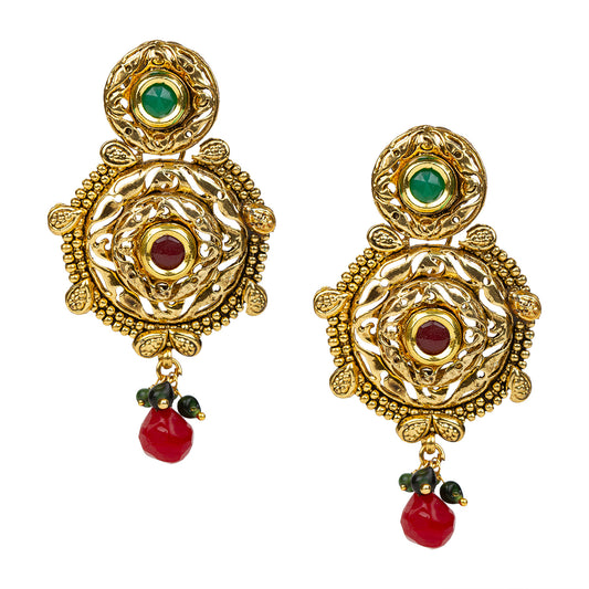 bindhani gold plated red green stone red pearl drop earrings for women