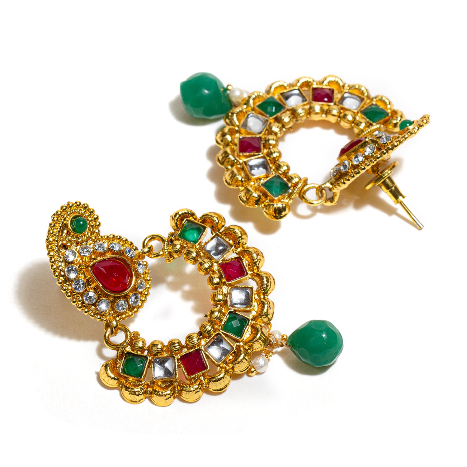 bindhani gold plated red green white stone green pearl drop earrigs for women