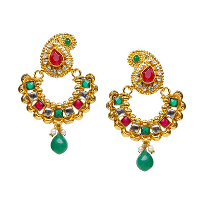 bindhani gold plated red green white stone green pearl drop earrigs for women