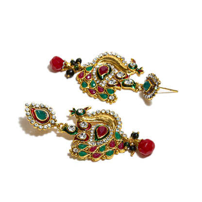 bindhani-gold-plated-red-green-white-stone-red-pearl-drop-peacock-polki-dangle-earrings-women