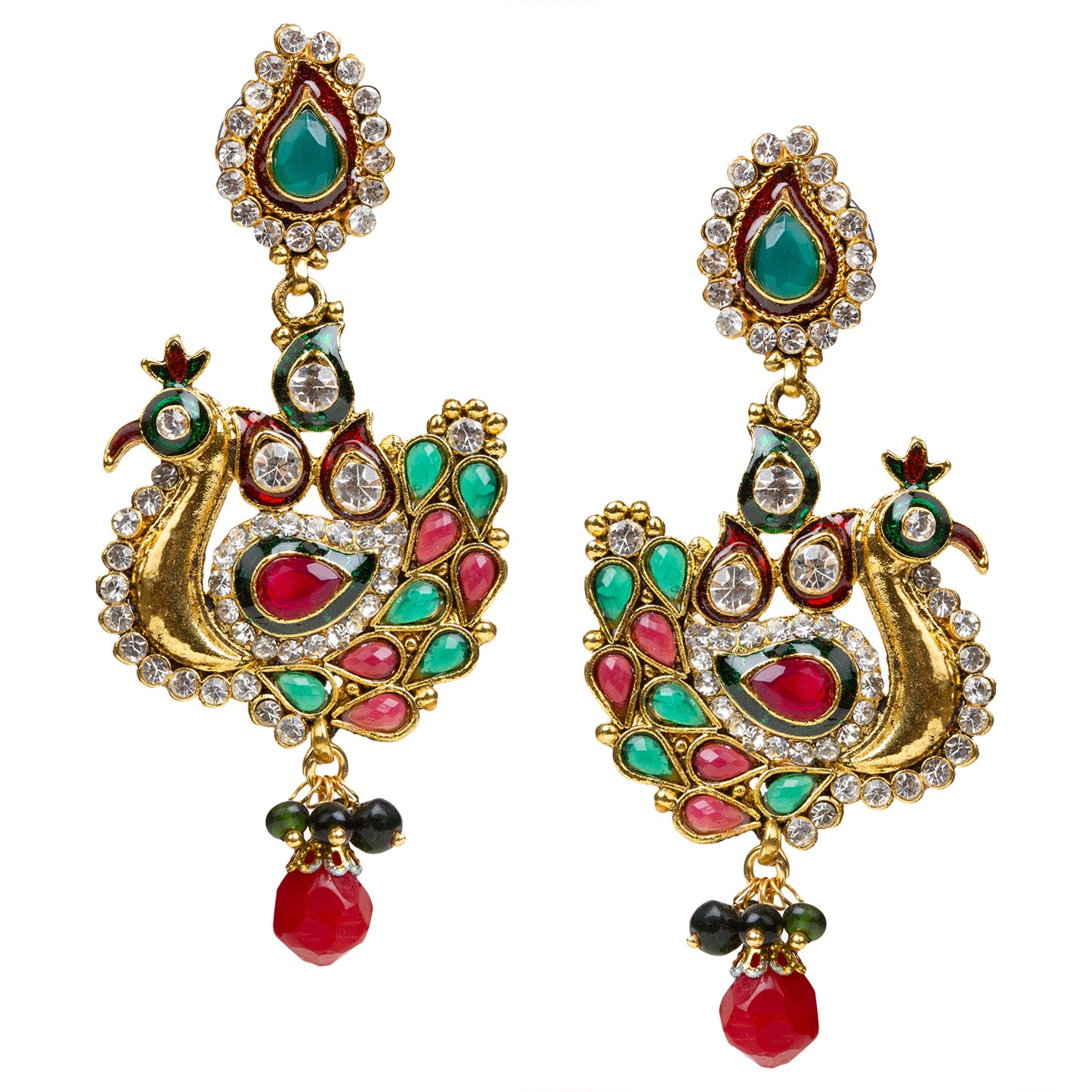 bindhani-gold-plated-red-green-white-stone-red-pearl-drop-peacock-polki-dangle-earrings-women