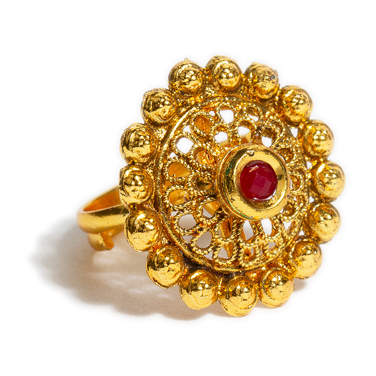 bindhani gold plated red kundan stone finger ring adjustable for women and girls