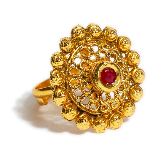 bindhani gold plated red kundan stone finger ring adjustable for women and girls