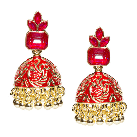 Bindhani gold-plated red enamel jhumka earrings for women featuring square red stone stud, floral top design, intricate peacock detailing on dome-shaped jhumki, and gold bead drop accents on a white background.