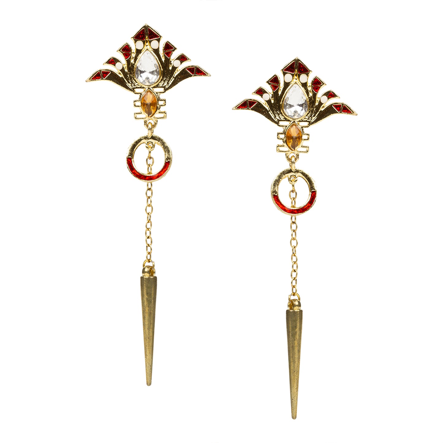 bindhani gold plated red meenakari work white stone dangle earrings for women