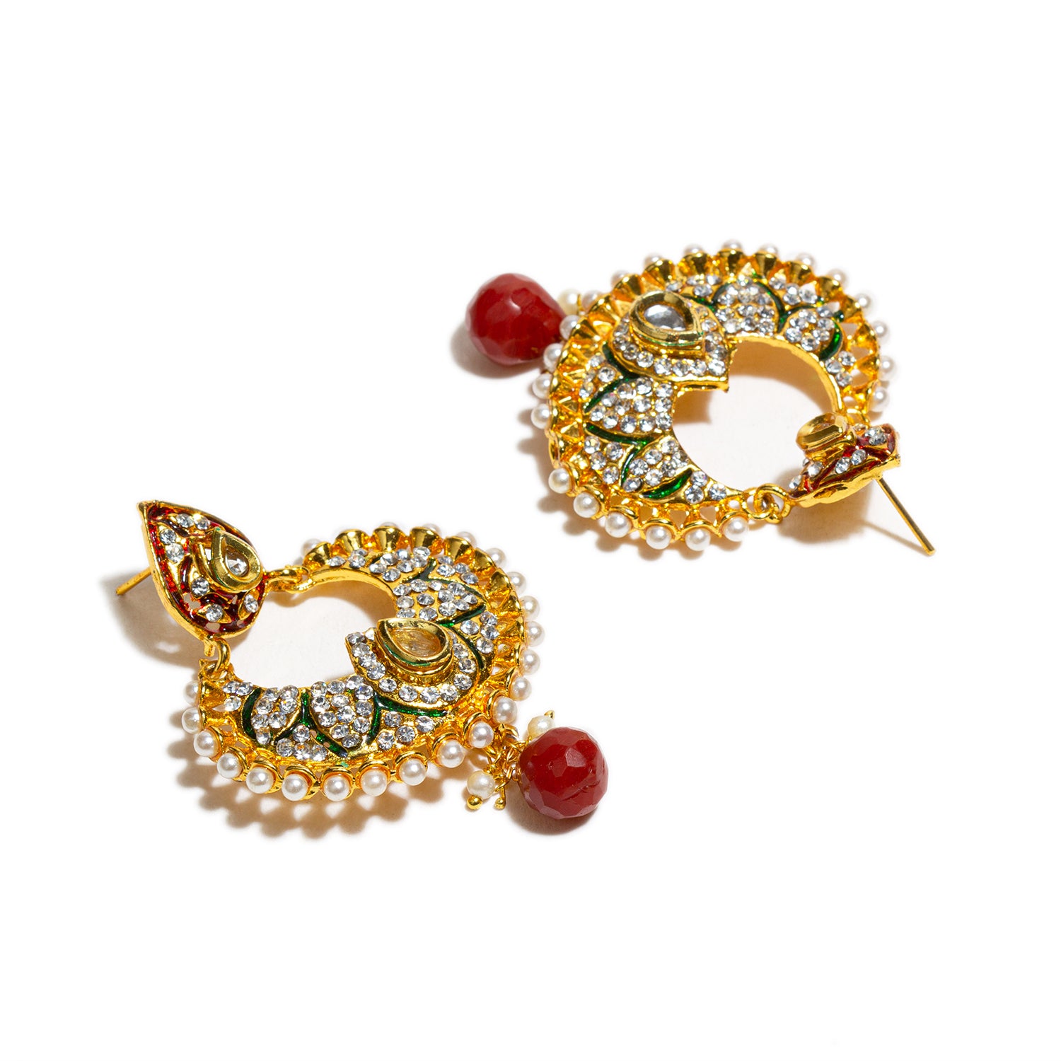 bindhani gold plated red pearl drop beads white kundan stone meenakari earrings women