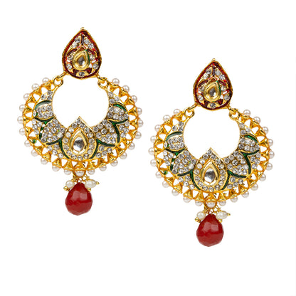 bindhani gold plated red pearl drop beads white kundan stone meenakari earrings women