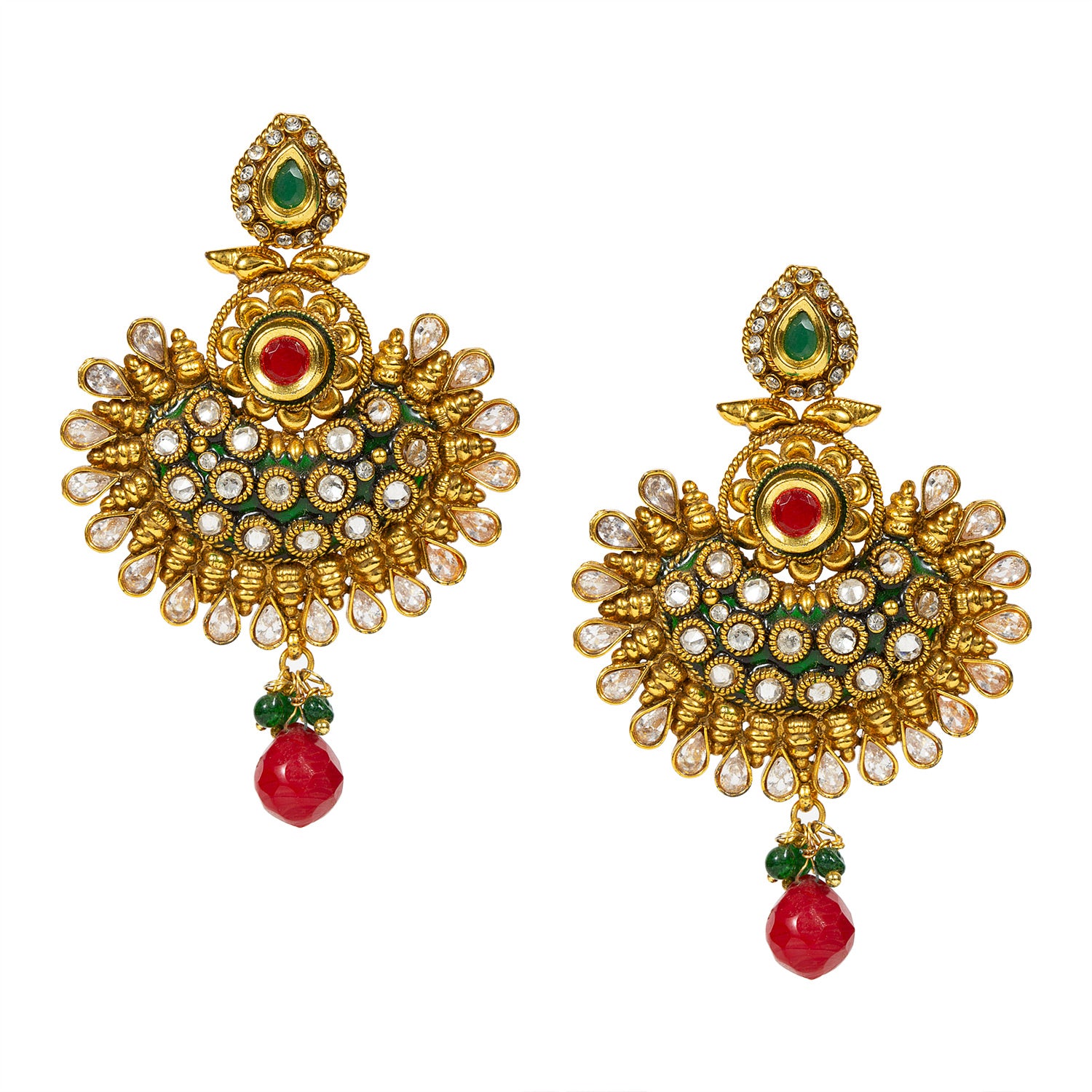 bindhani gold plated red pearl drop beads & red green white kundan stone copper earrings for women and girls