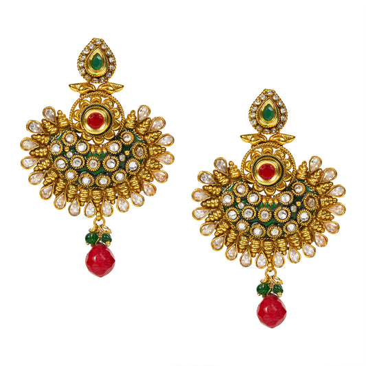 bindhani gold plated red pearl drop beads & red green white kundan stone copper earrings for women and girls