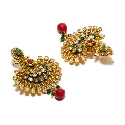 bindhani gold plated red pearl drop beads & red green white kundan stone copper earrings for women and girls