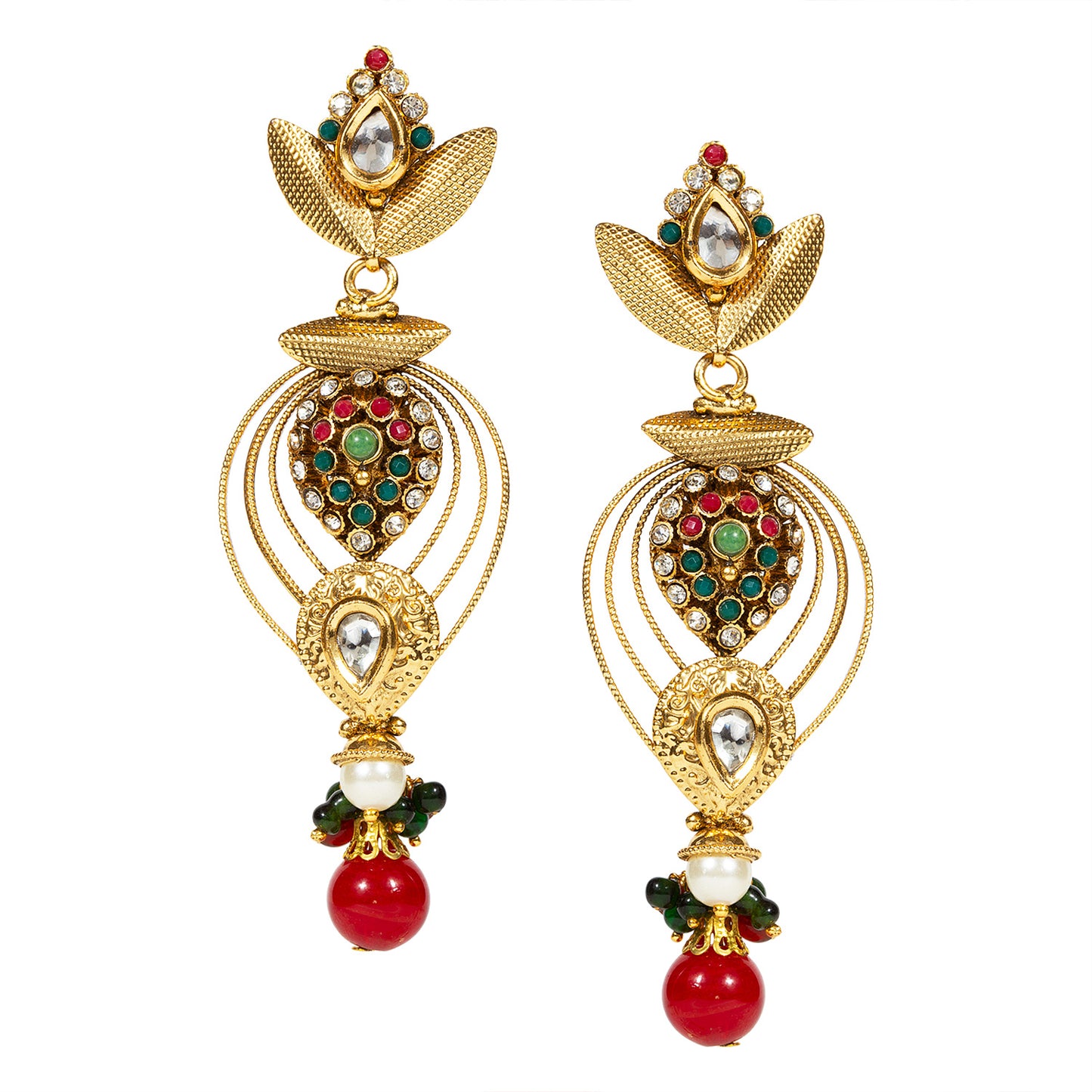 bindhani gold plated red pearl drop beads red green white kundan stone earrings for women and girls