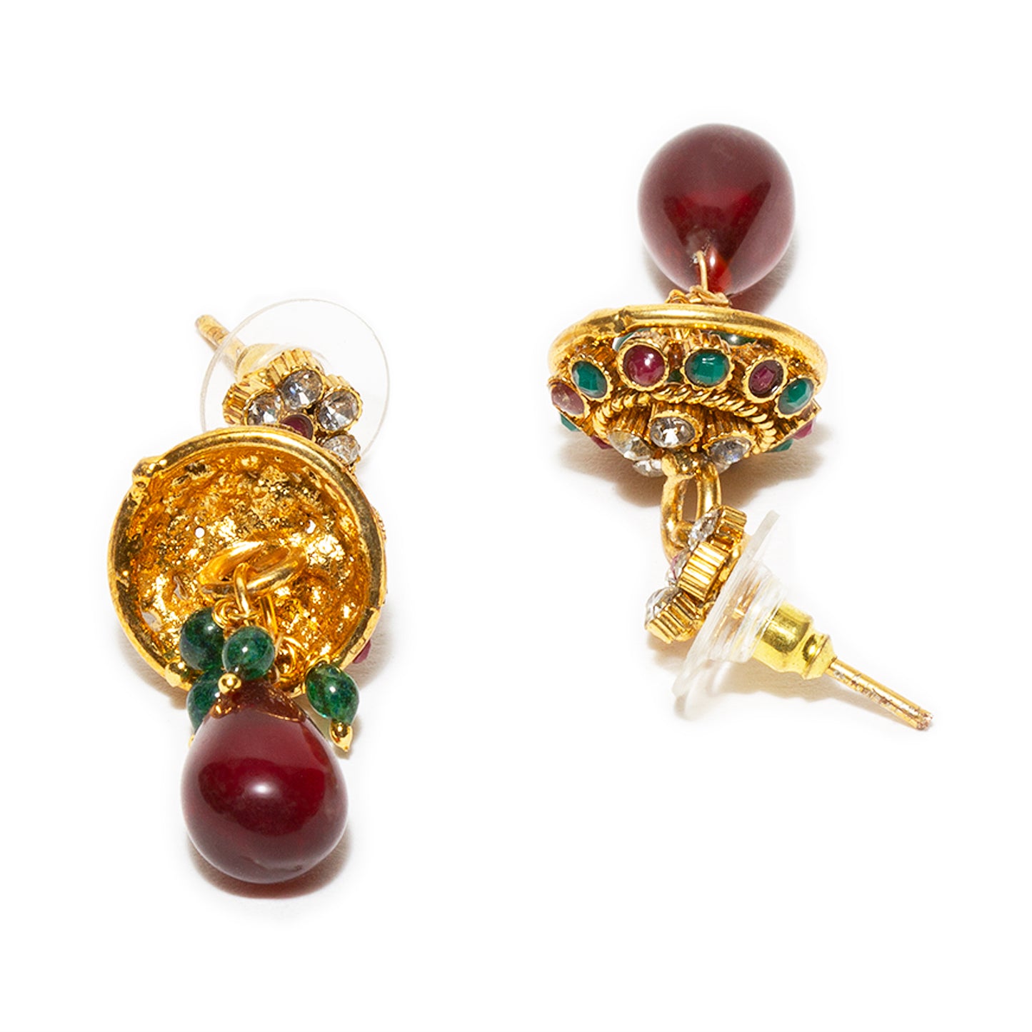 bindhani gold plated red pearl drop beads red white stone small jhumki earrings for women and girls