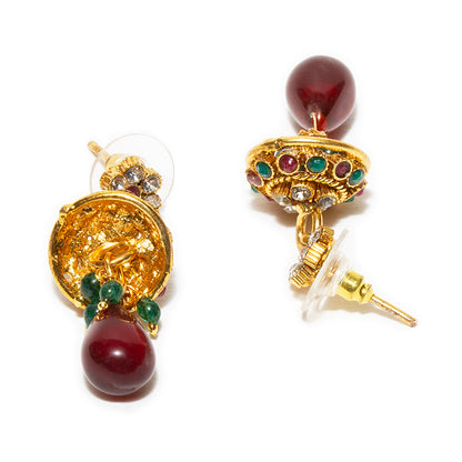 bindhani gold plated red pearl drop beads red white stone small jhumki earrings for women and girls