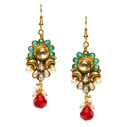 bindhani gold plated red pearl drop beads white kundan stone earrings secured with fish hook earwire for women and girls