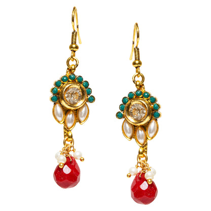 bindhani gold plated red pearl drop beads white kundan stone fish hook earrings for women and girls