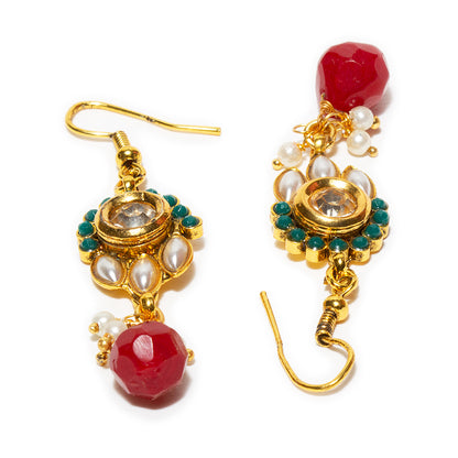 bindhani gold plated red pearl drop beads white kundan stone fish hook earrings for women and girls