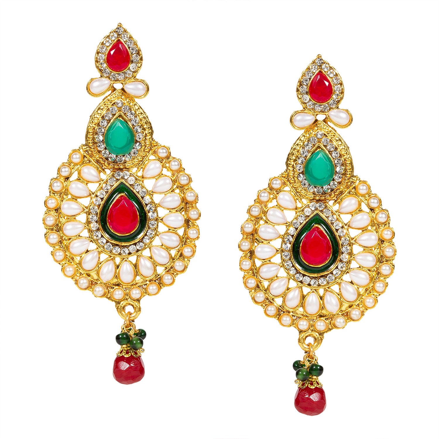 bindhani gold plated red pearl drop green beads red green white stone earrings for women and girls